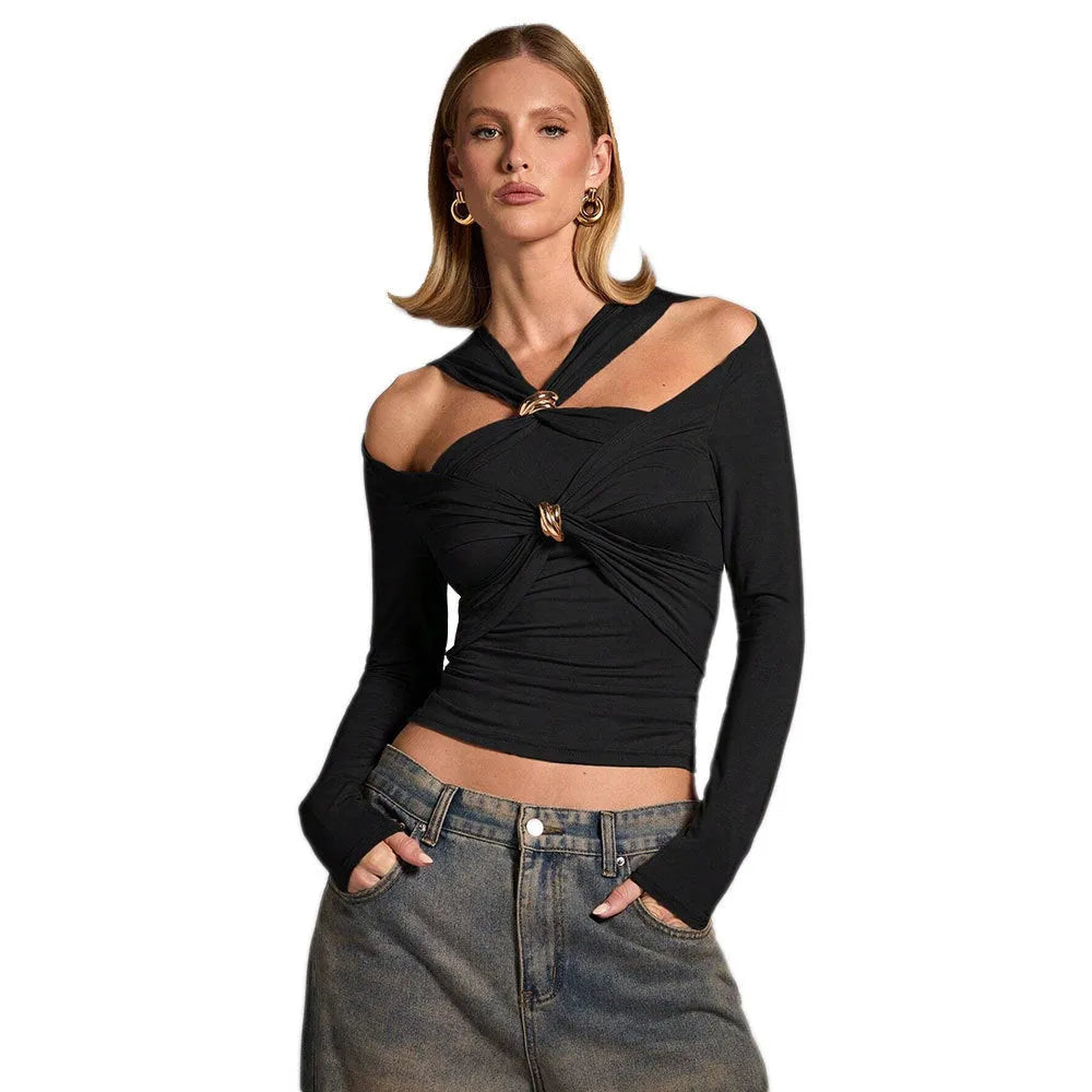 Black women's halter top with long sleeves in a slim fit.
