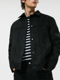 Black men's hooded jacket with a suede collar, side pockets, and a straight hem.