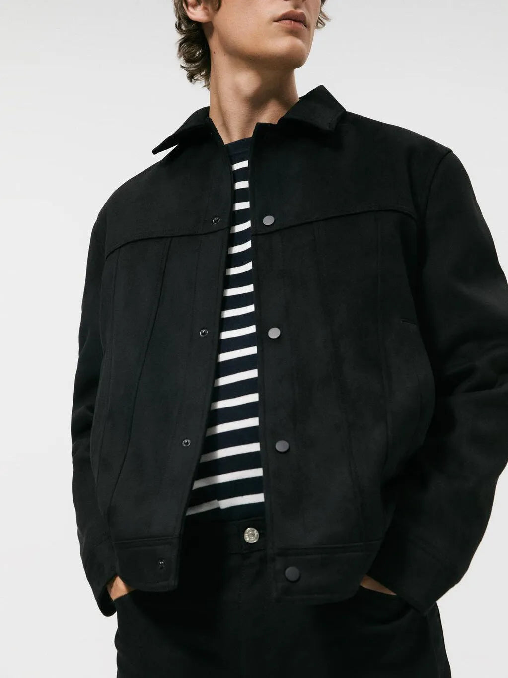 Black men's hooded jacket with a suede collar, side pockets, and a straight hem.