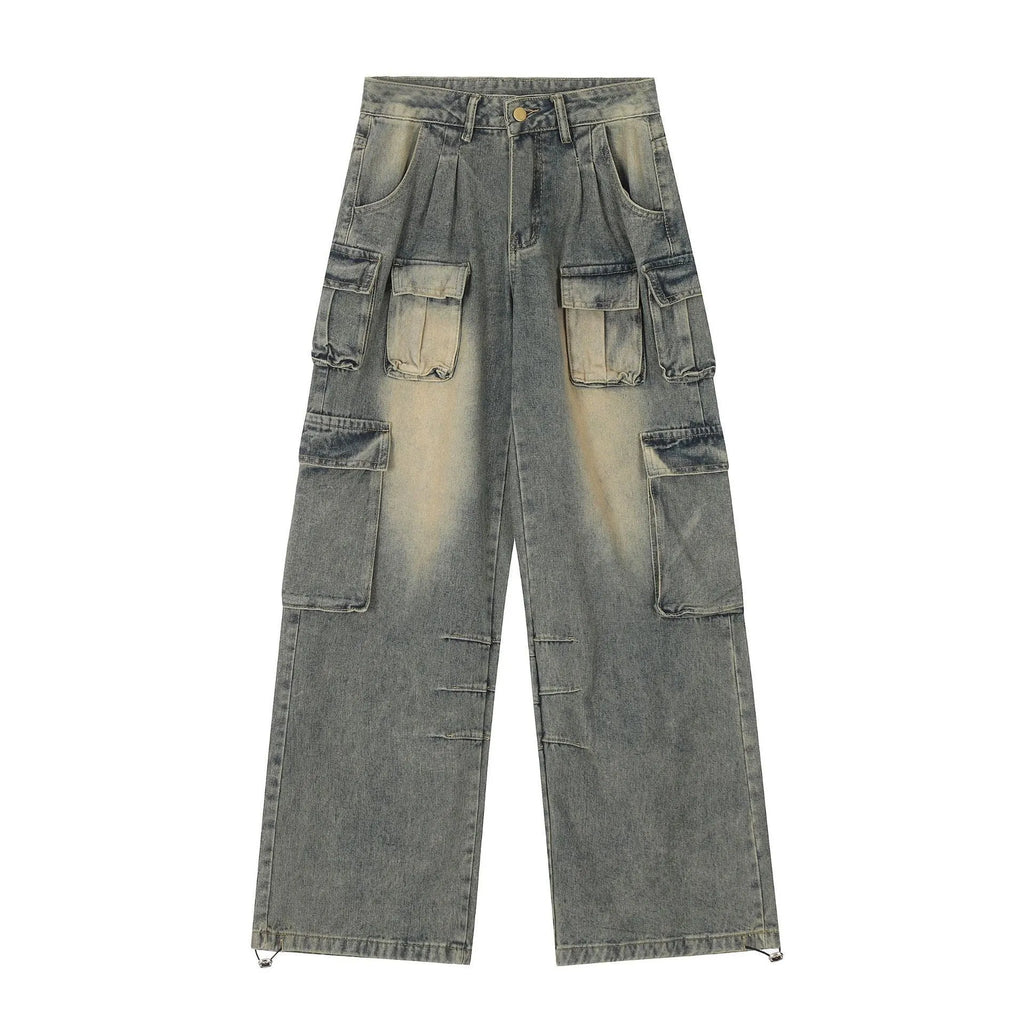 Light blue loose-fit multi-pocket distressed jeans on a hanger