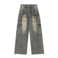 Light blue loose-fit multi-pocket distressed jeans on a hanger
