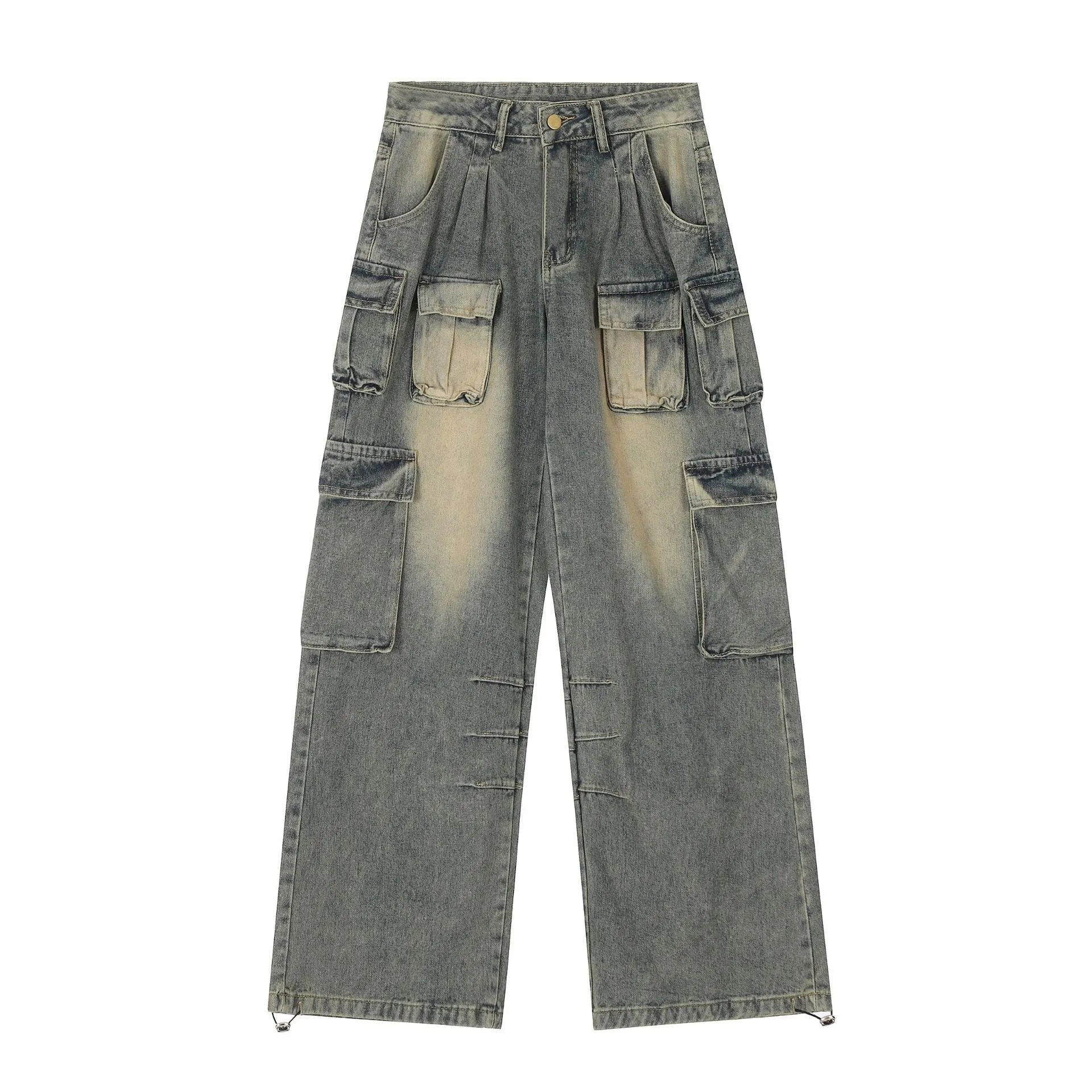 Light blue loose-fit multi-pocket distressed jeans on a hanger