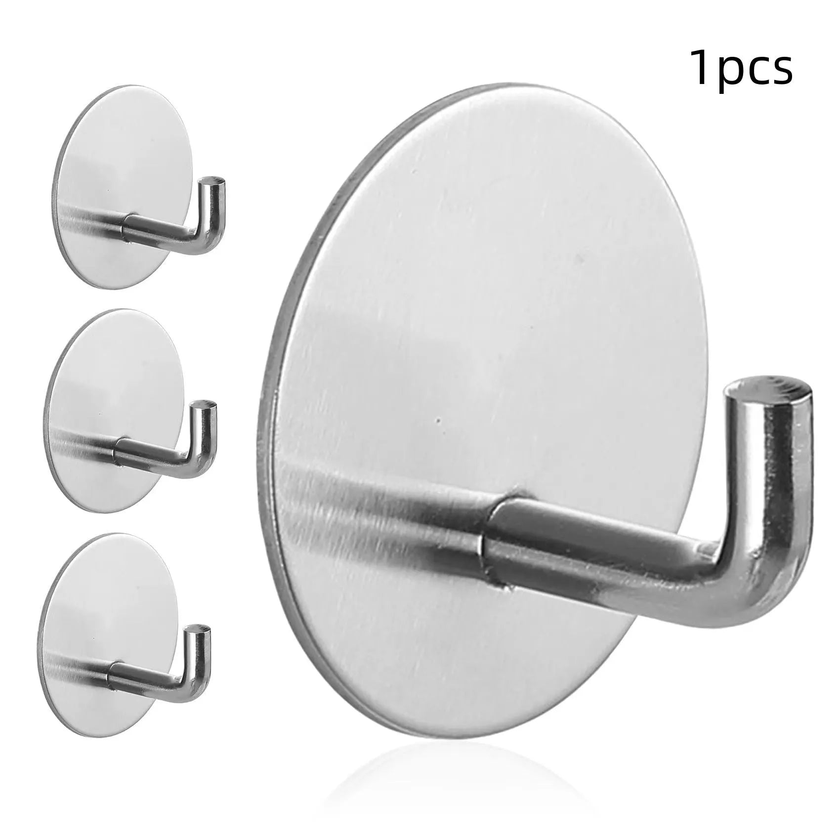 Stainless steel self-adhesive hook with a round design for bathrooms and kitchens, shown in black and polished finishes.