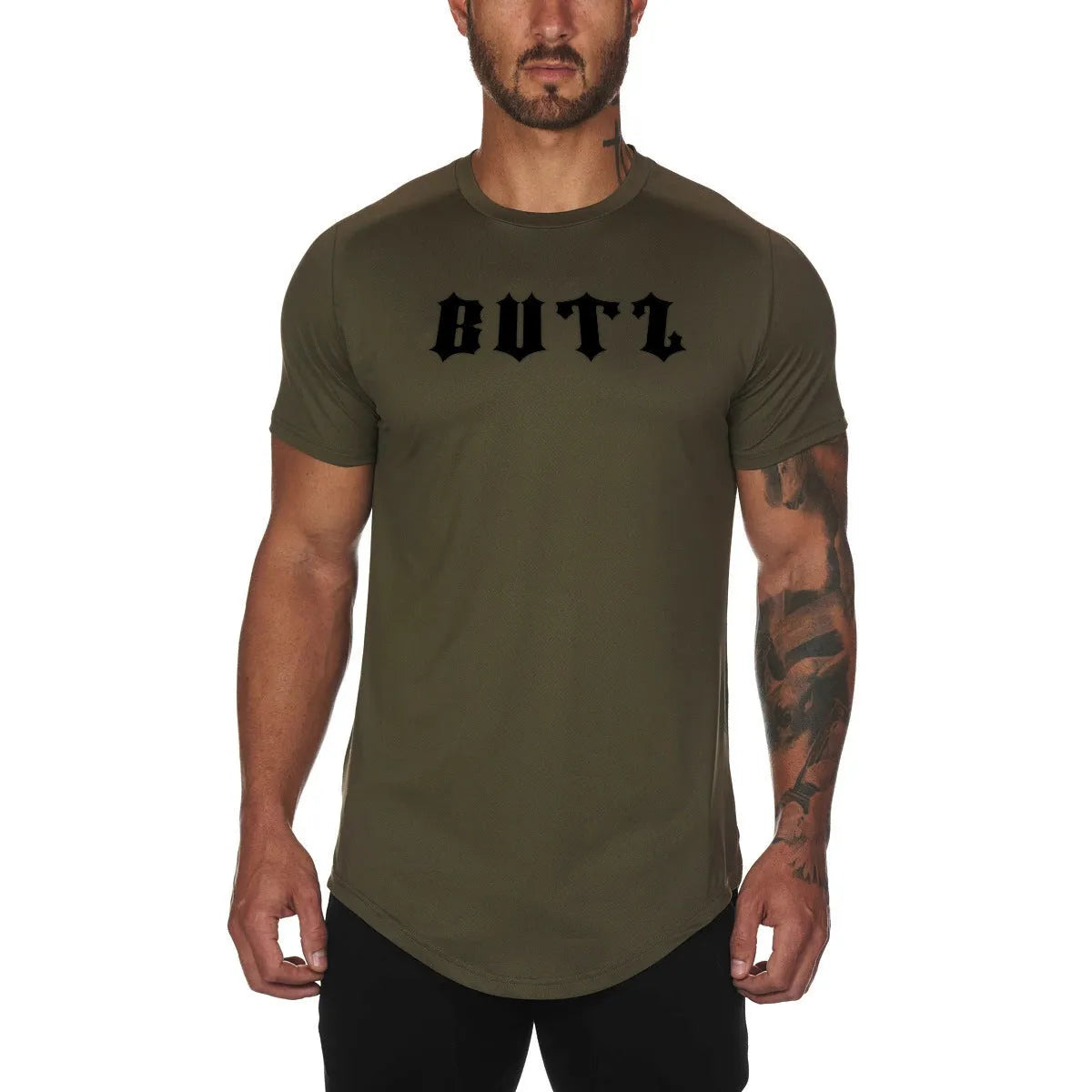 Men's plain cotton-spandex gym t-shirt shown in army green, black, and white, some with optional letter print.