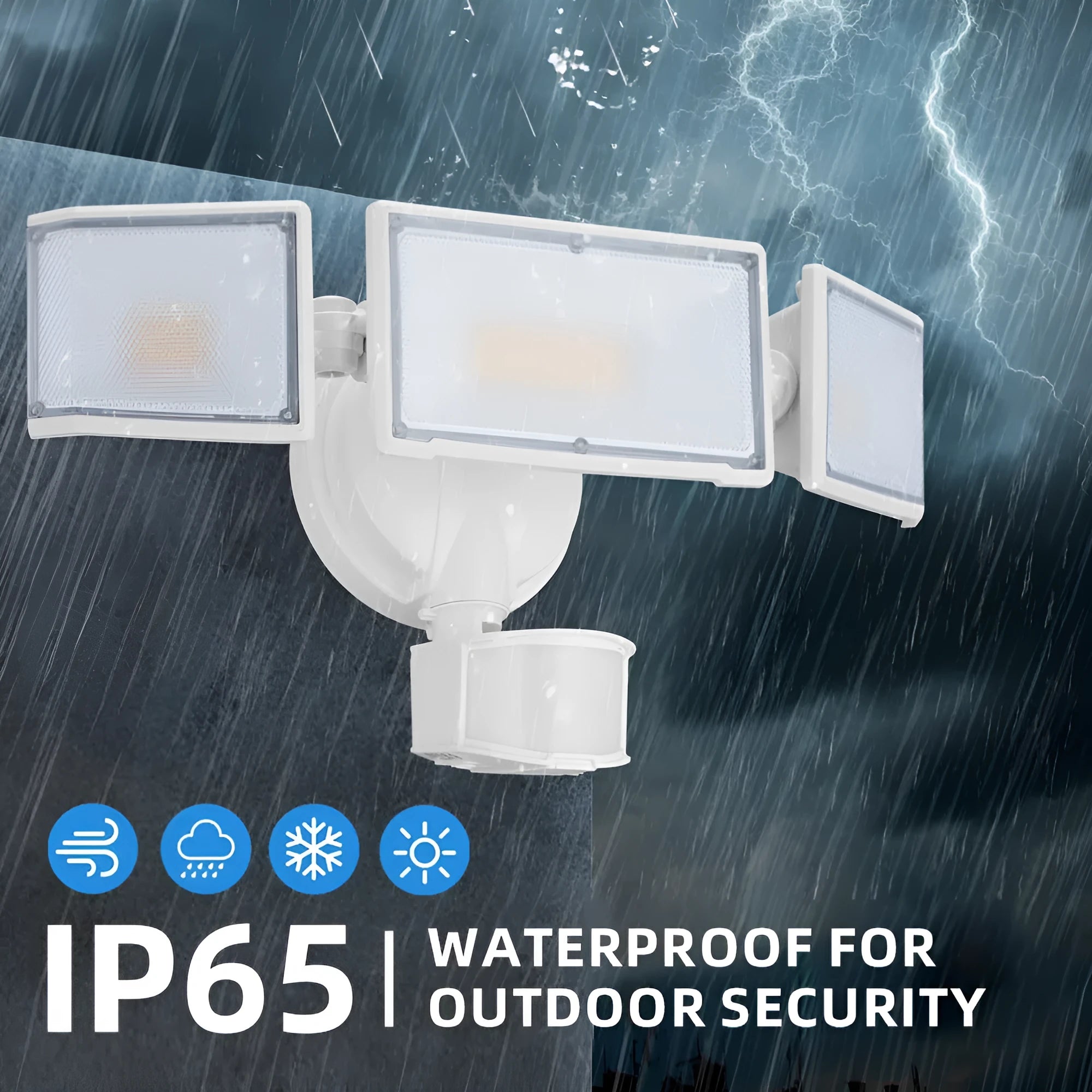 White or black LED security flood light with motion sensor for outdoor installation