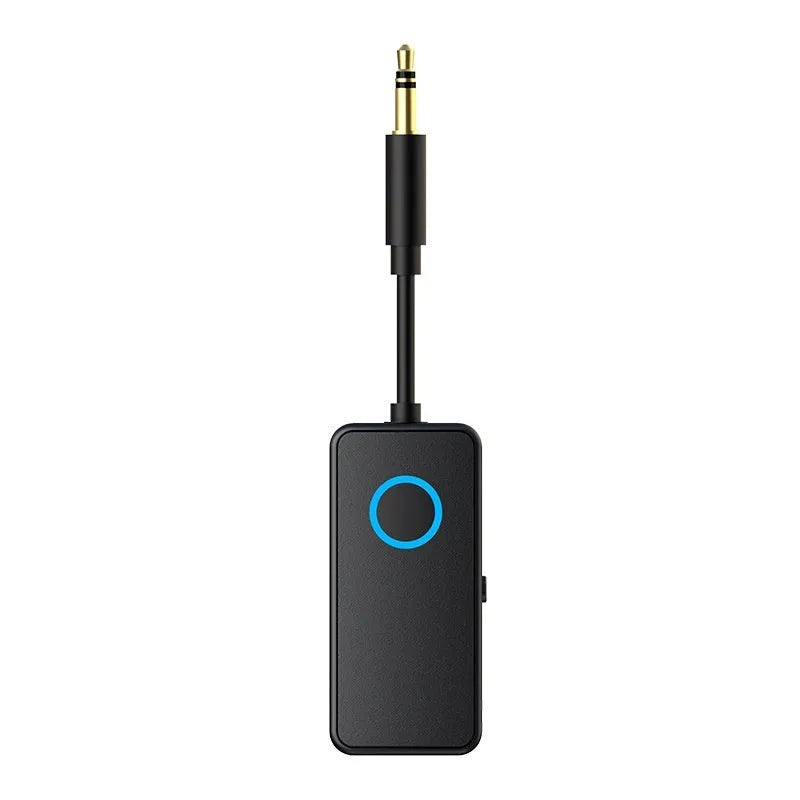Black Bluetooth 5.4 audio adapter with 3.5mm plug for car stereo and speaker wireless streaming
