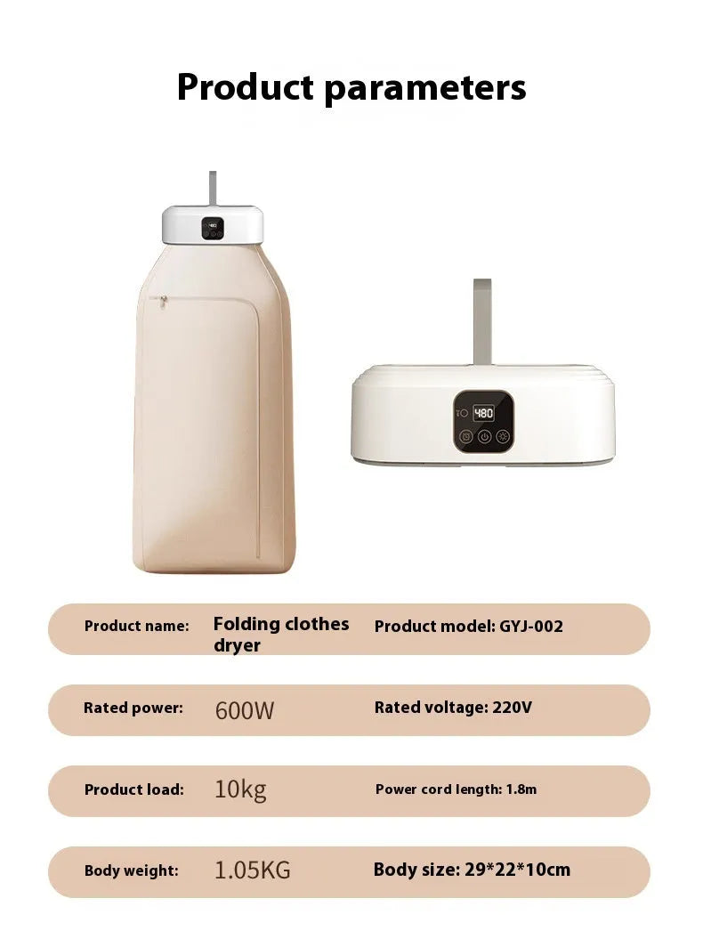 White cylindrical foldable laundry drier with remote control on flat surface