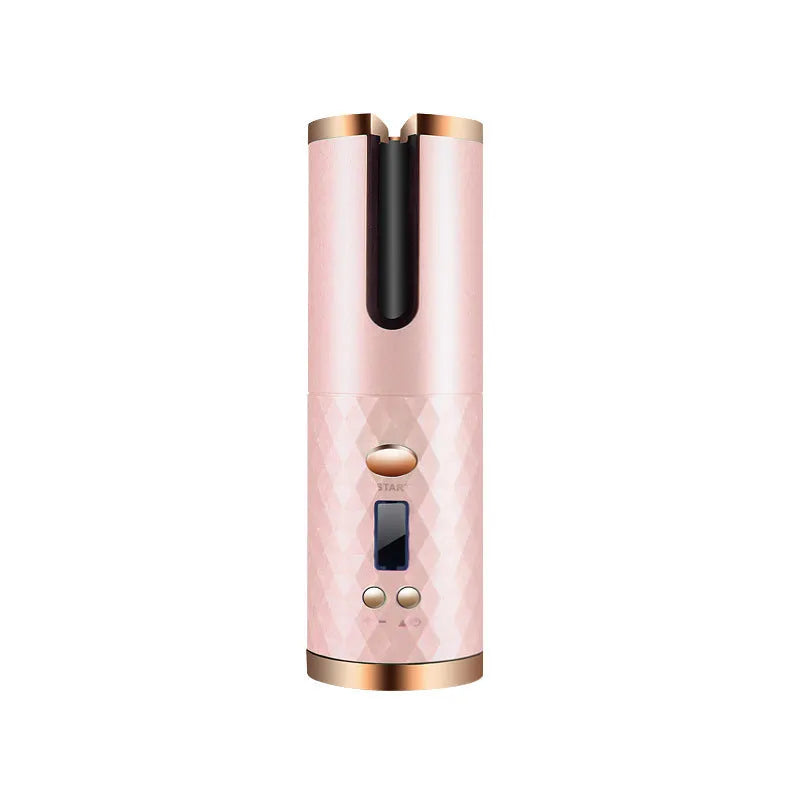 White portable mini curling iron with USB charging port and adjustable temperature dial.