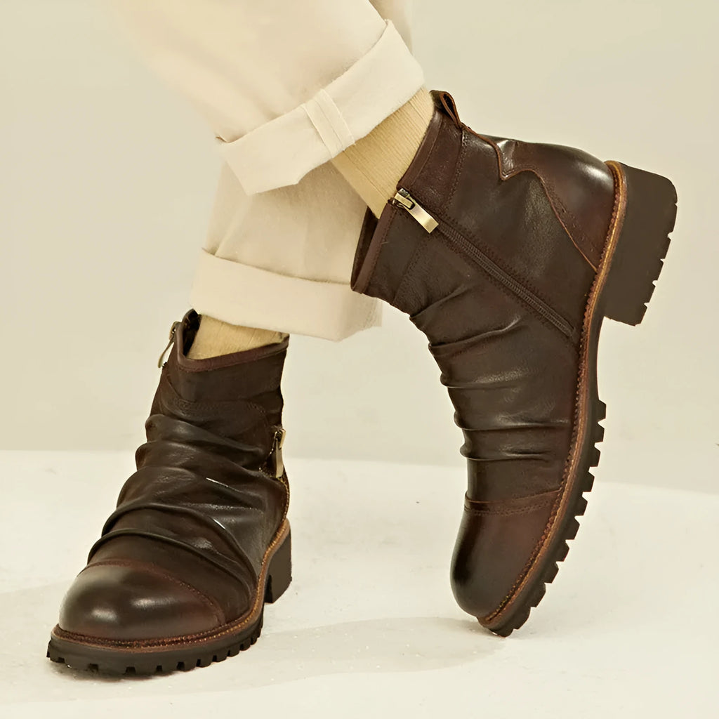 Men's black artificial PU leather cowboy boots with side zipper and round toe.
