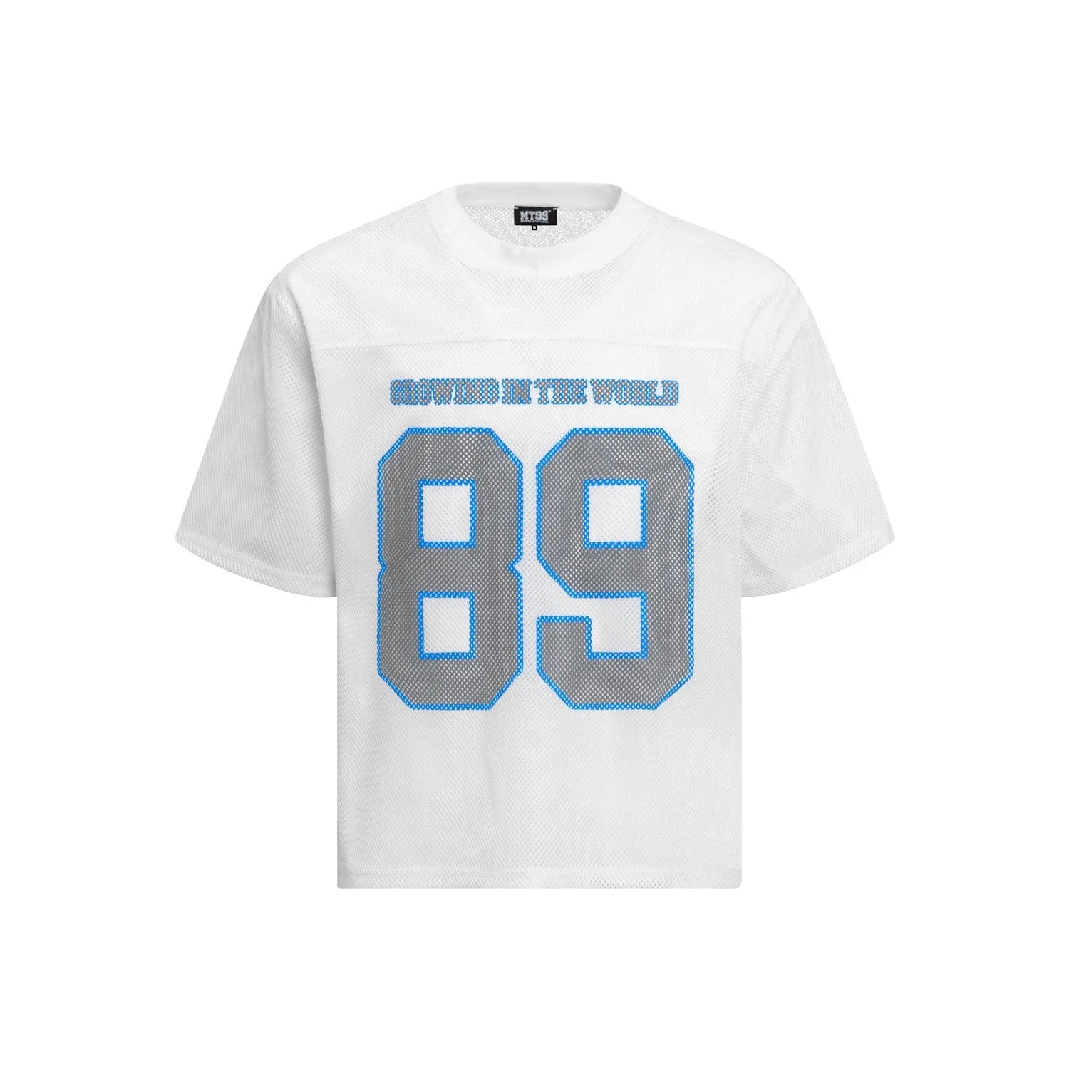 Men's loose-fitting black and white casual t-shirt with short sleeves, shown in medium, large, and extra-large Asian sizes