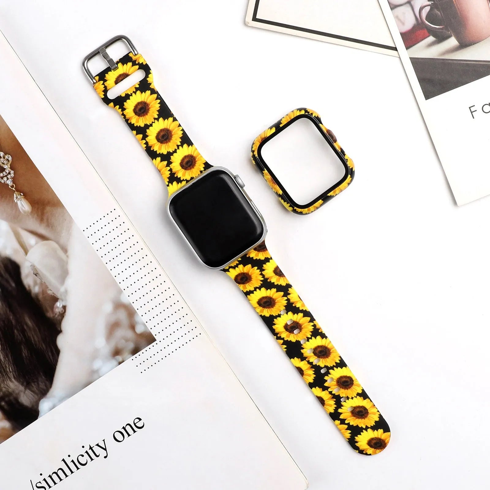 Printed silicone replacement strap for Apple Watch showing design options and 38mm 40mm 42mm 44mm size compatibility.