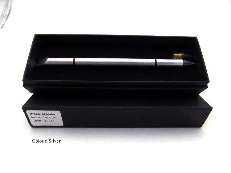 Silver inkless metal pen with spare nib and pen bag on a table.