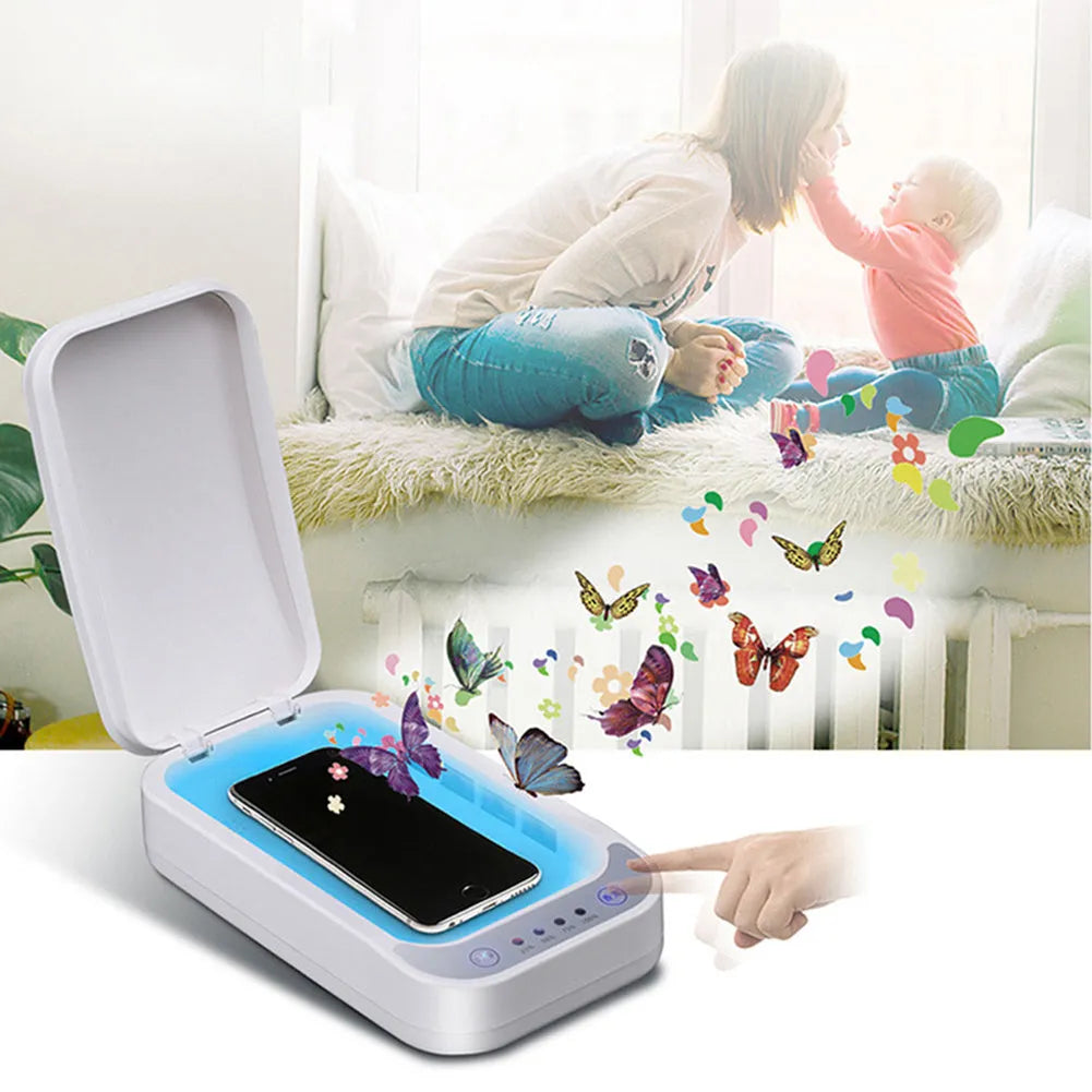 Blue and white ultraviolet disinfection box for mobile phones with wireless charging and aromatherapy functions.