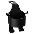 Black plastic car seat back hook with built-in cup holder for vehicle organisation