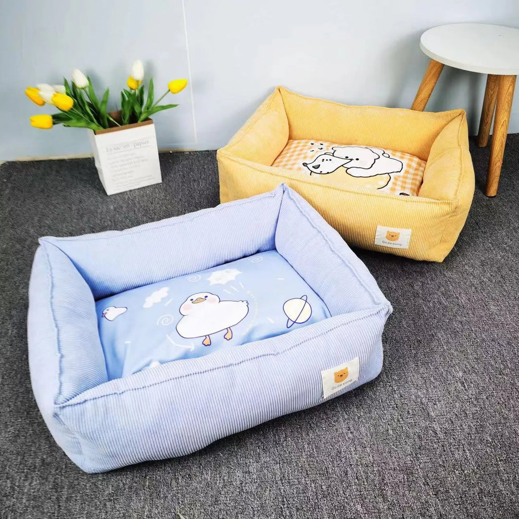 Light blue fine velvet pet nest for dogs and cats with PP cotton filling, shown in 50x40cm size.