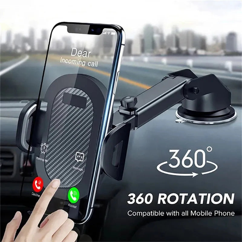 Black adjustable car phone holder for mobile devices 4 to 7 inches wide, showing clip mechanism.