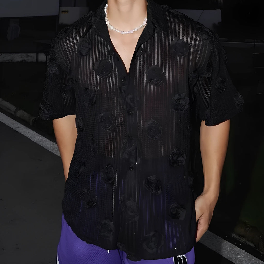 Heavy industry three-dimensional floral print on a loose-fit plus-size short-sleeved shirt for men.