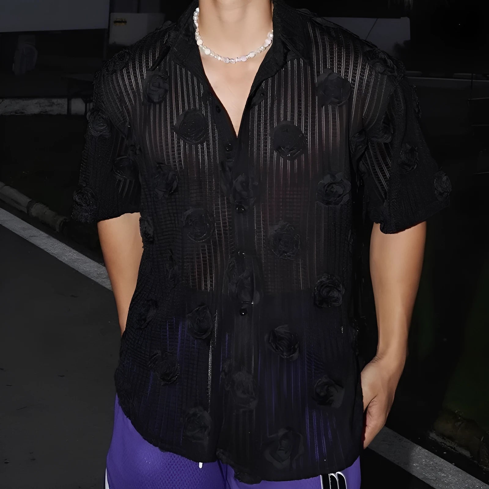 Heavy industry three-dimensional floral print on a loose-fit plus-size short-sleeved shirt for men.