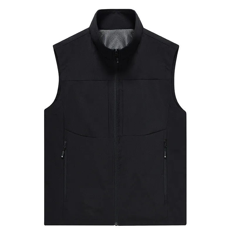 Men's khaki polyester cardigan vest with stand collar and zipper pockets for outdoor wear.