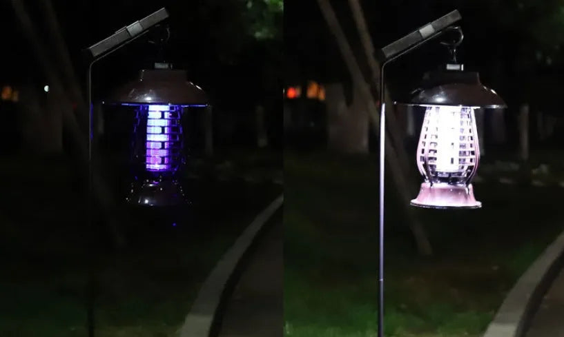 Black solar-powered mosquito lamp with solar panel and LED lights for outdoor insect control