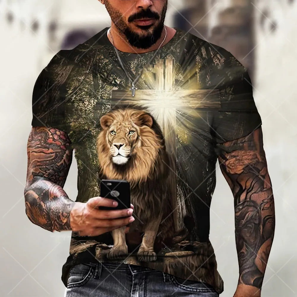 Men's grey T-shirt with a detailed 3D printed Jesus pattern on the front, short sleeve design.