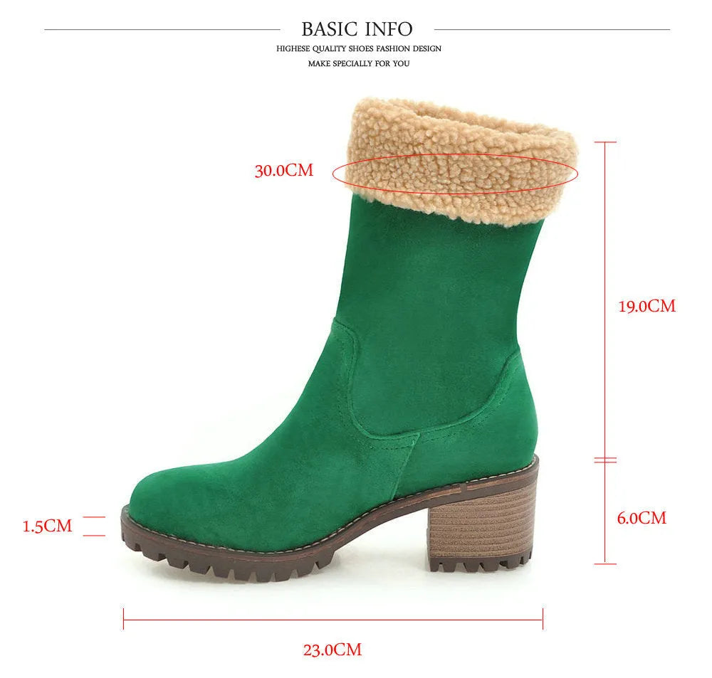 Waterproof snow boots with rubber soles and plush lining in black, grey, green, and orange colours