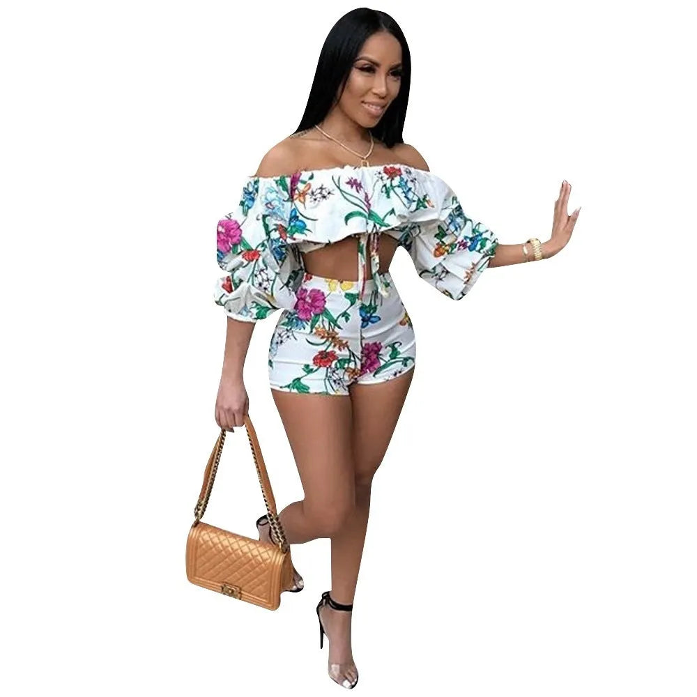 Multicolour digitally printed two-piece suit with pile sleeves on long-sleeved top and shorts