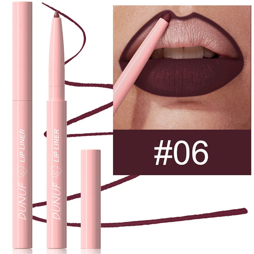 Set of twelve velvet matte lip liners in various shades for precise lip contouring