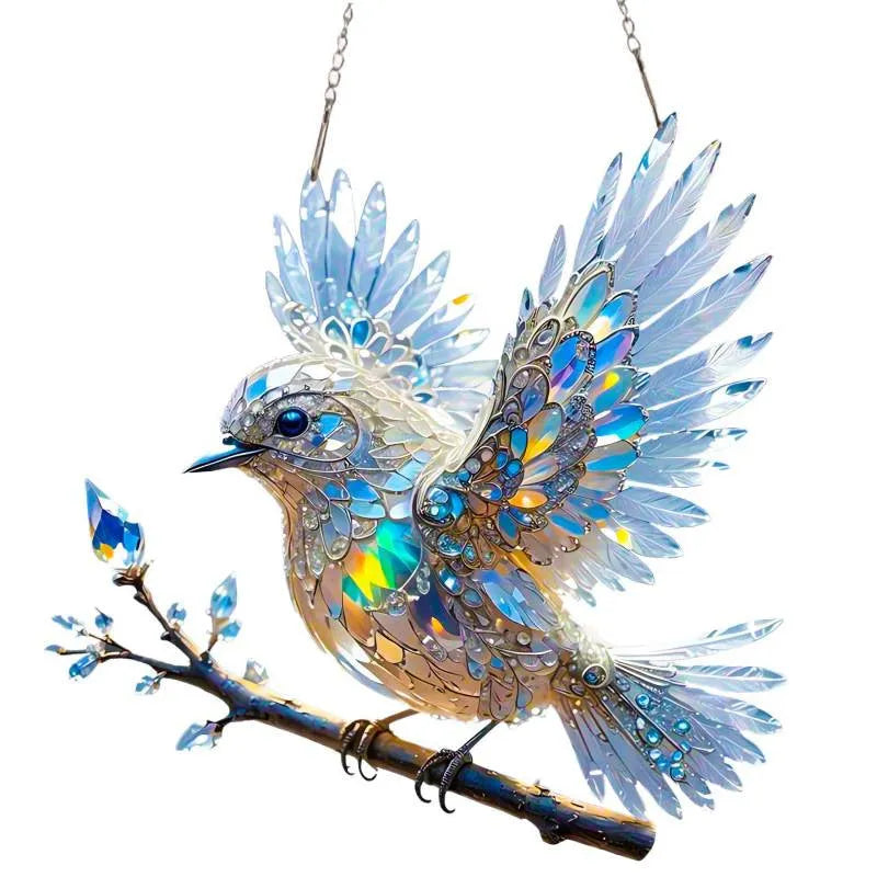 Square clear acrylic bird pendant ornament with colourful cartoon design, shown with cardboard backing.