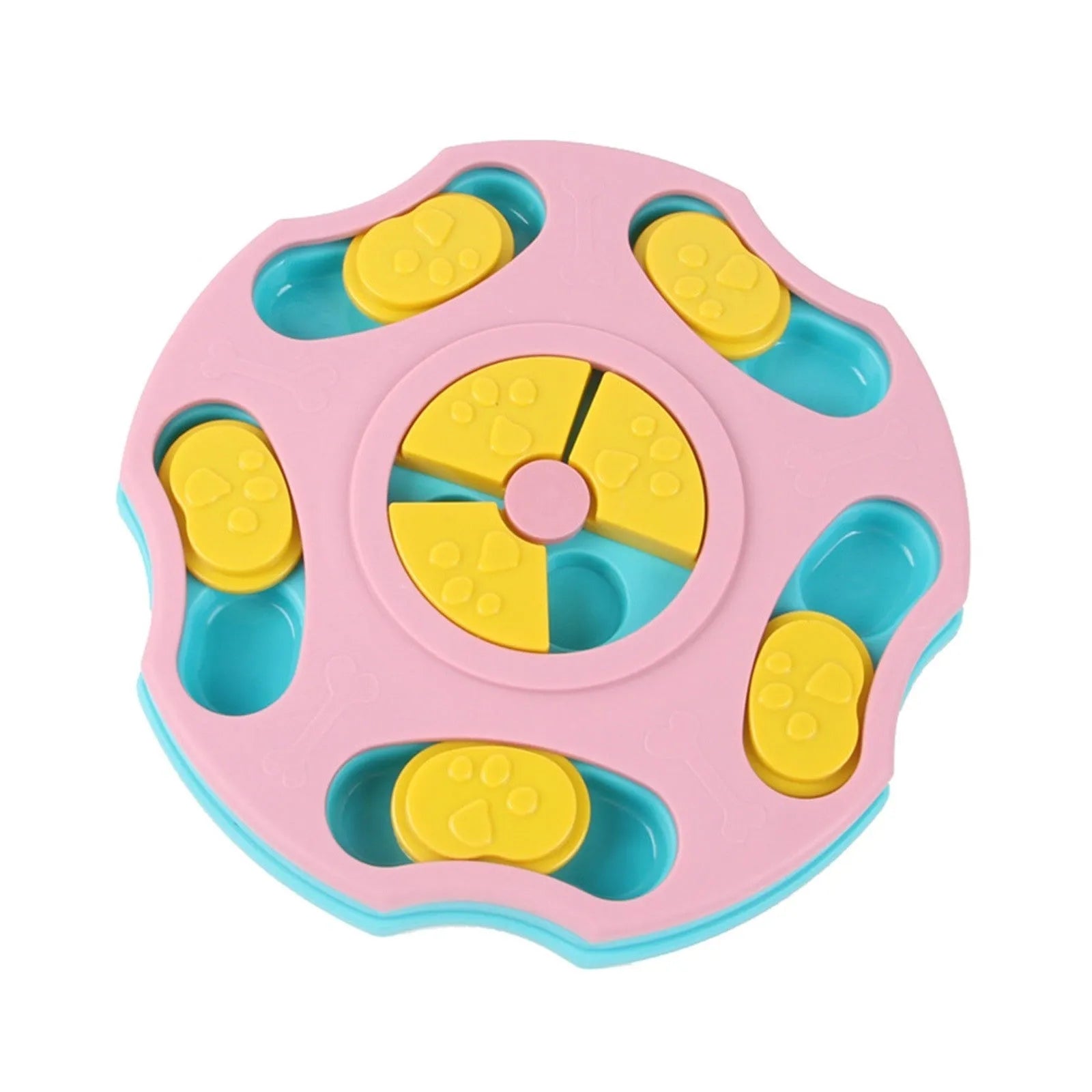Blue dog puzzle toy feeder with compartments for interactive food search games.
