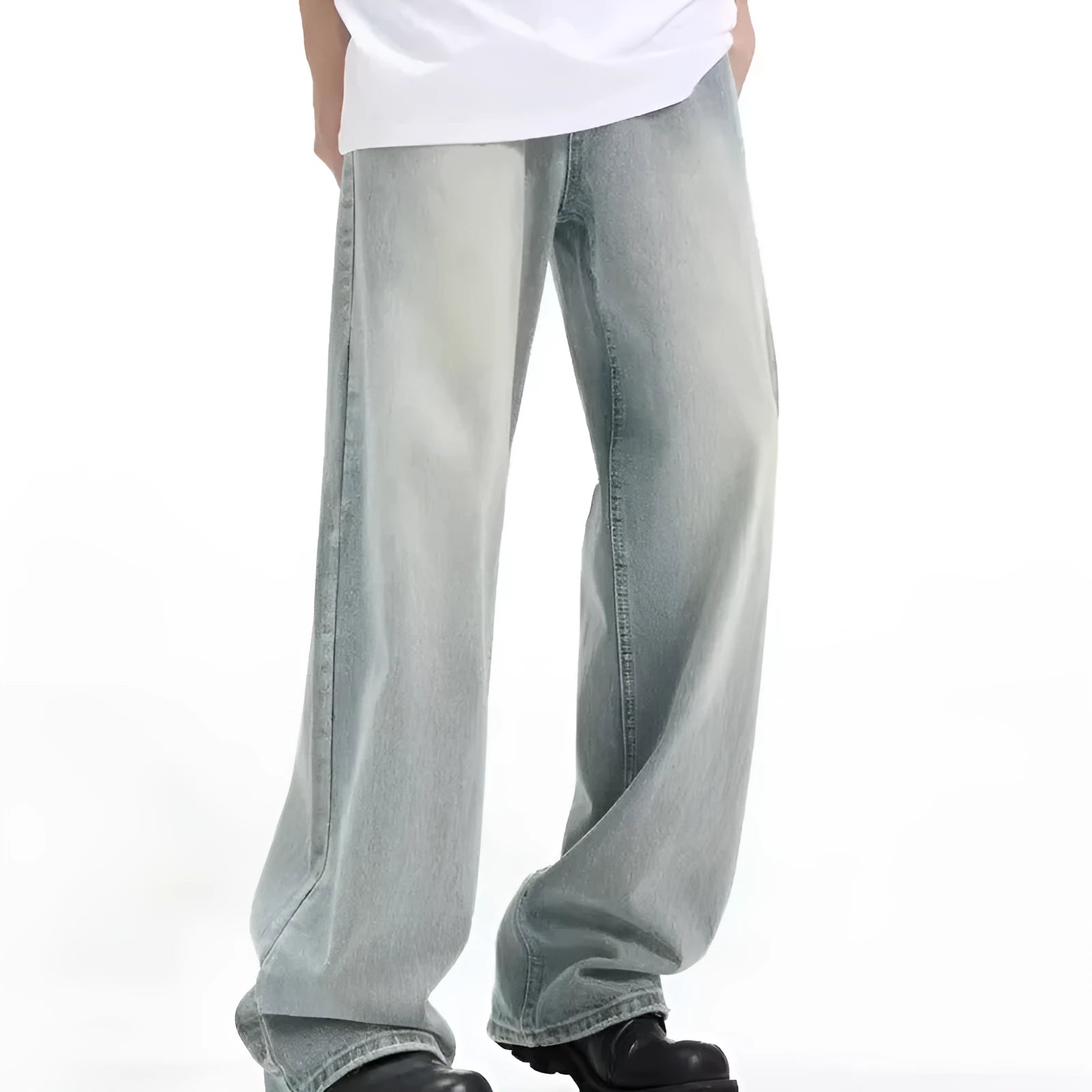Blue loose-fit retro-style casual trousers with an elastic waistband on a hanger.