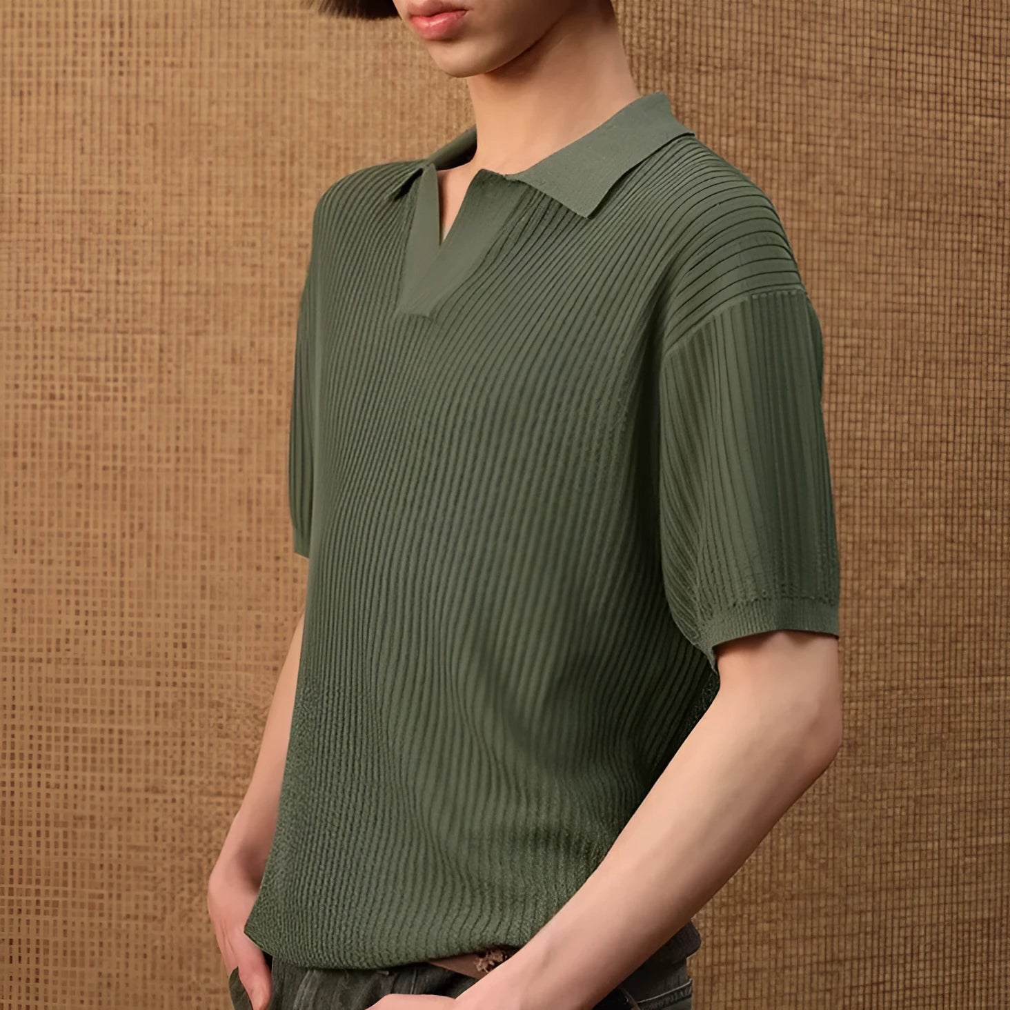 Men's business casual polo shirt in ice silk blend fabric available in creamy-white, black, and grey colours