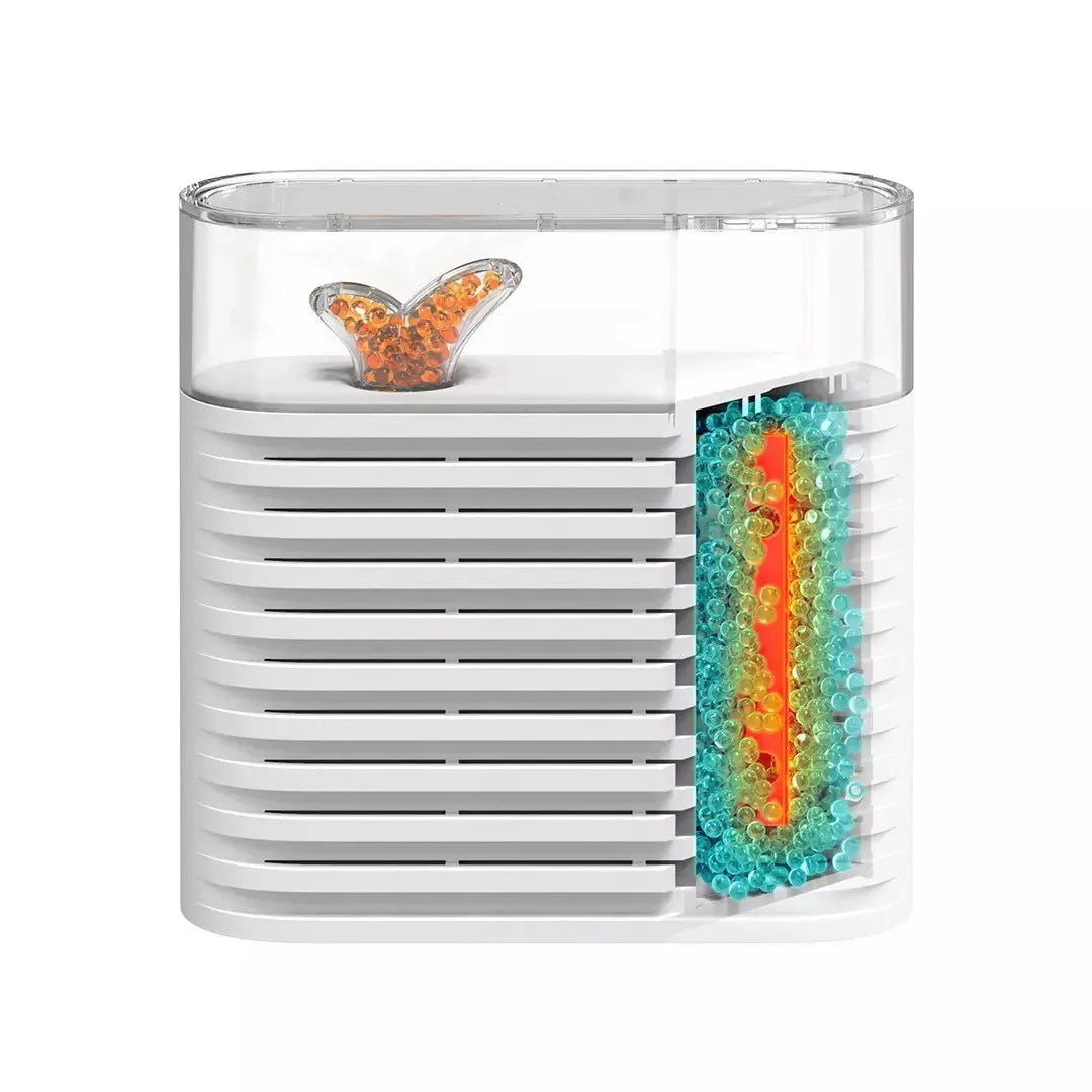 White reusable electric dehumidifier box with transparent top showing orange silica gel beads.
