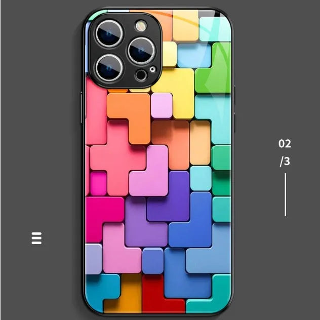 Colourful building block geometry pattern on a black silicone back cover case for an iPhone.