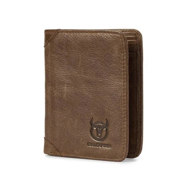 Men's brown leather casual wallet open showing card slots, bill holder and secret compartment.