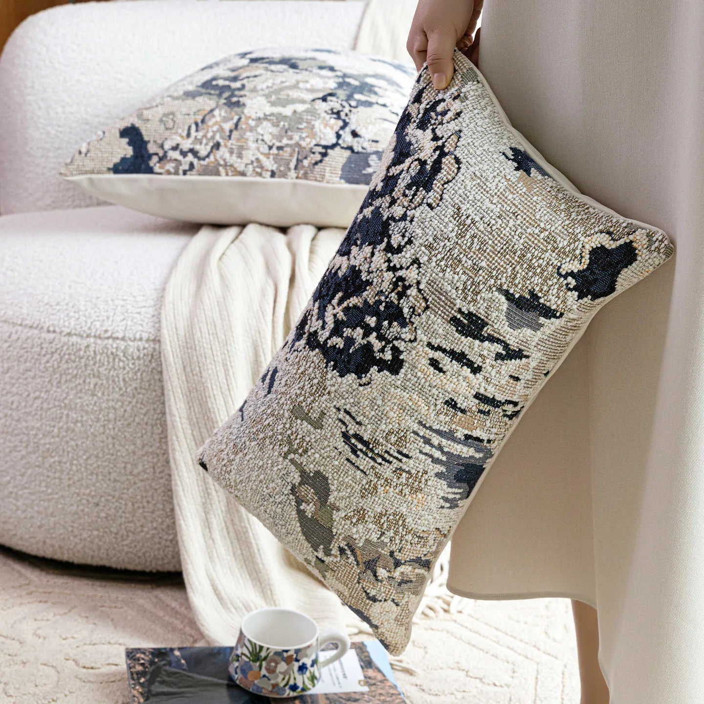 Antique blue wool blend decorative pillow with abstract floral pattern in square and rectangular sizes
