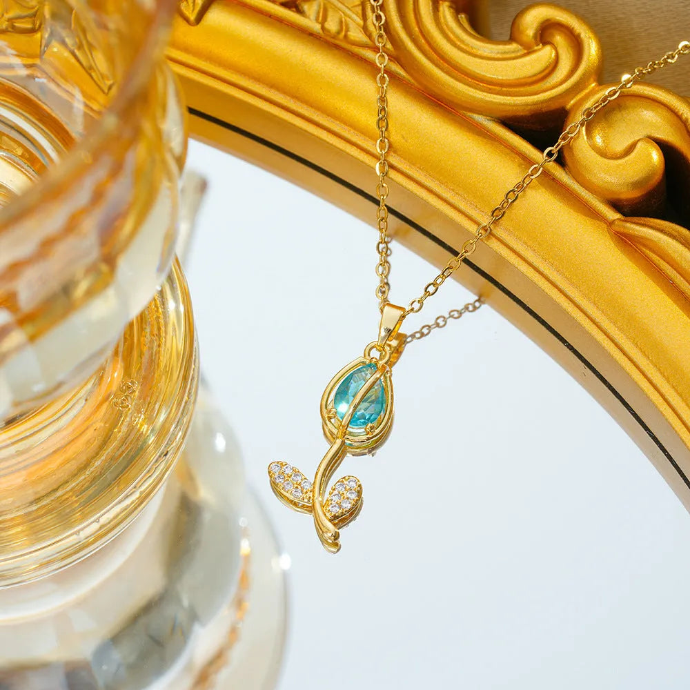 Zircon tulip necklace for women with electroplated C383 gold finish and adjustable titanium steel chain