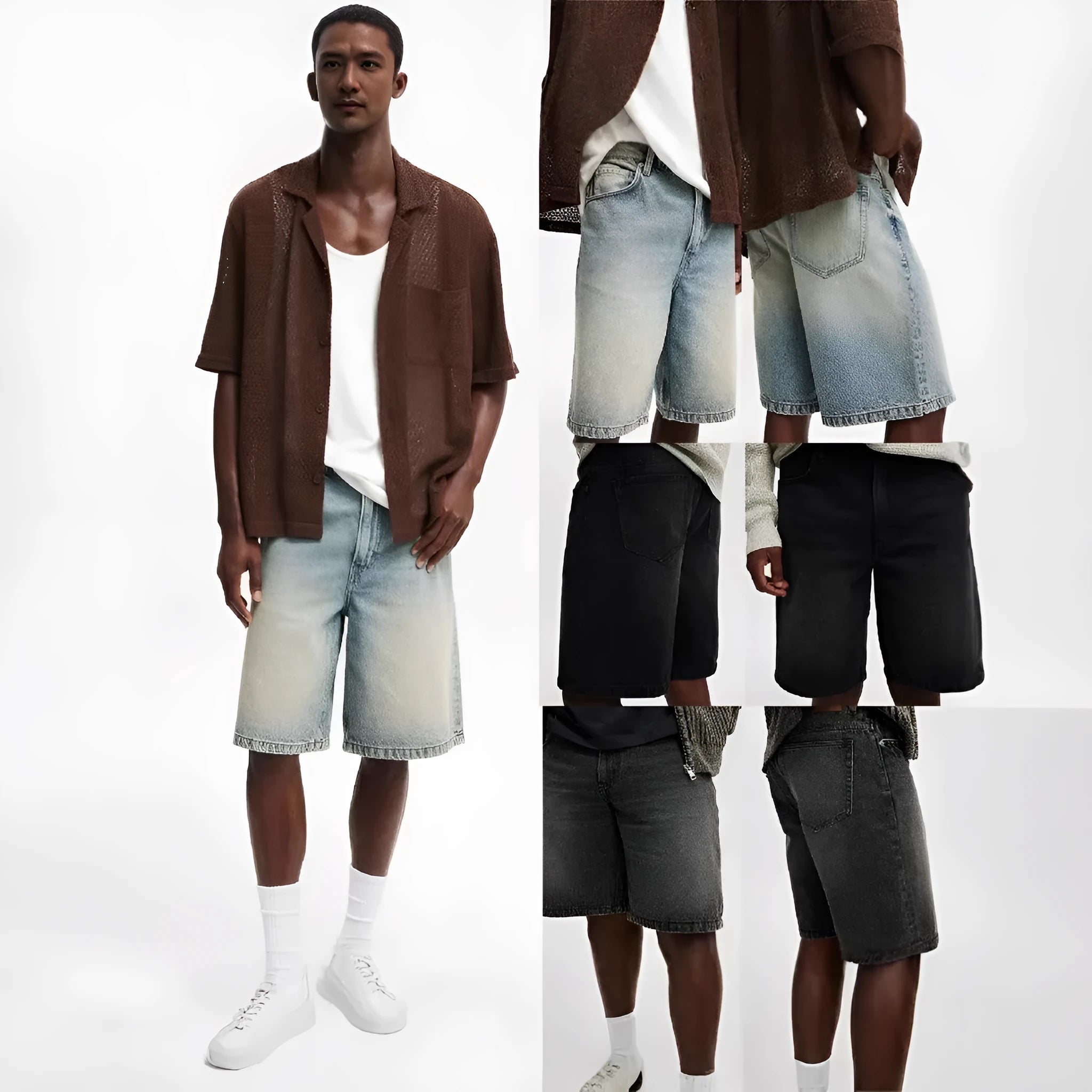 Men's loose straight-leg light blue cotton jeans on a white background.