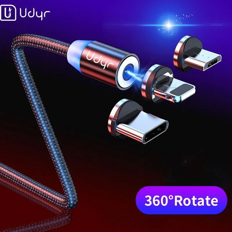 Black magnetic charging cable with three detachable magnetic heads for iPhone, USB-C, and Micro-USB connectors.