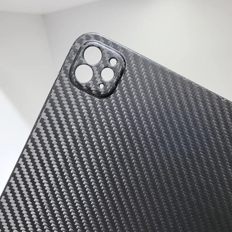 Real carbon fibre hard protective case for Apple iPad Pro 11 with a plaid embossed pattern.