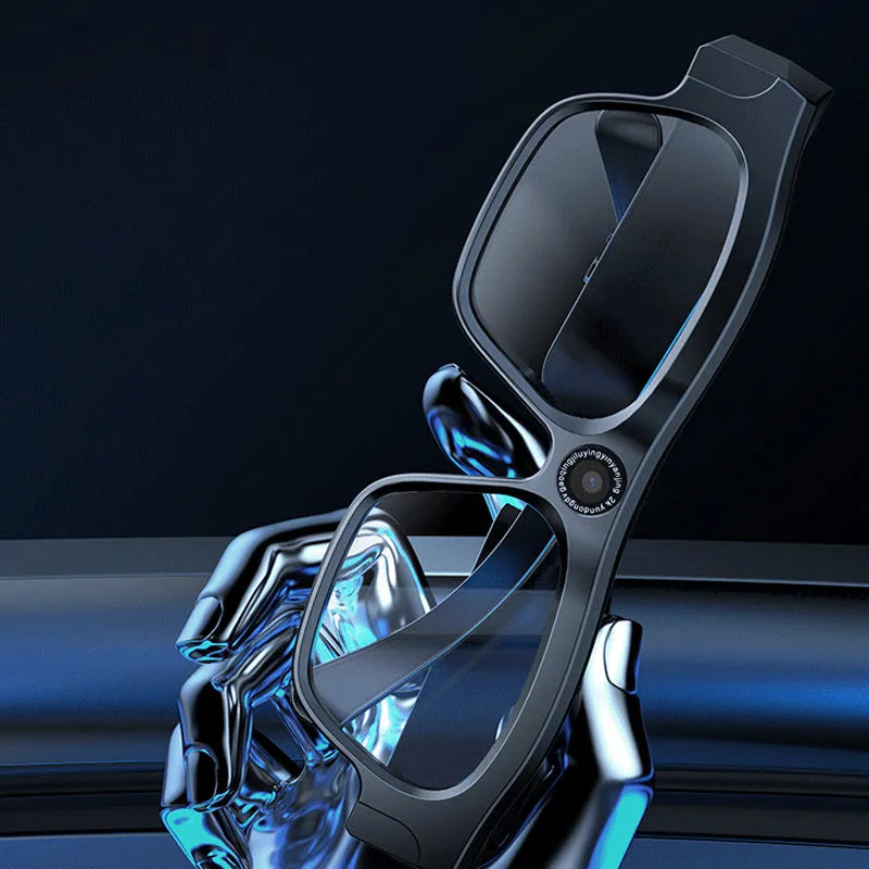 Black smart Bluetooth glasses with head-mounted video recording camera and touch button controls
