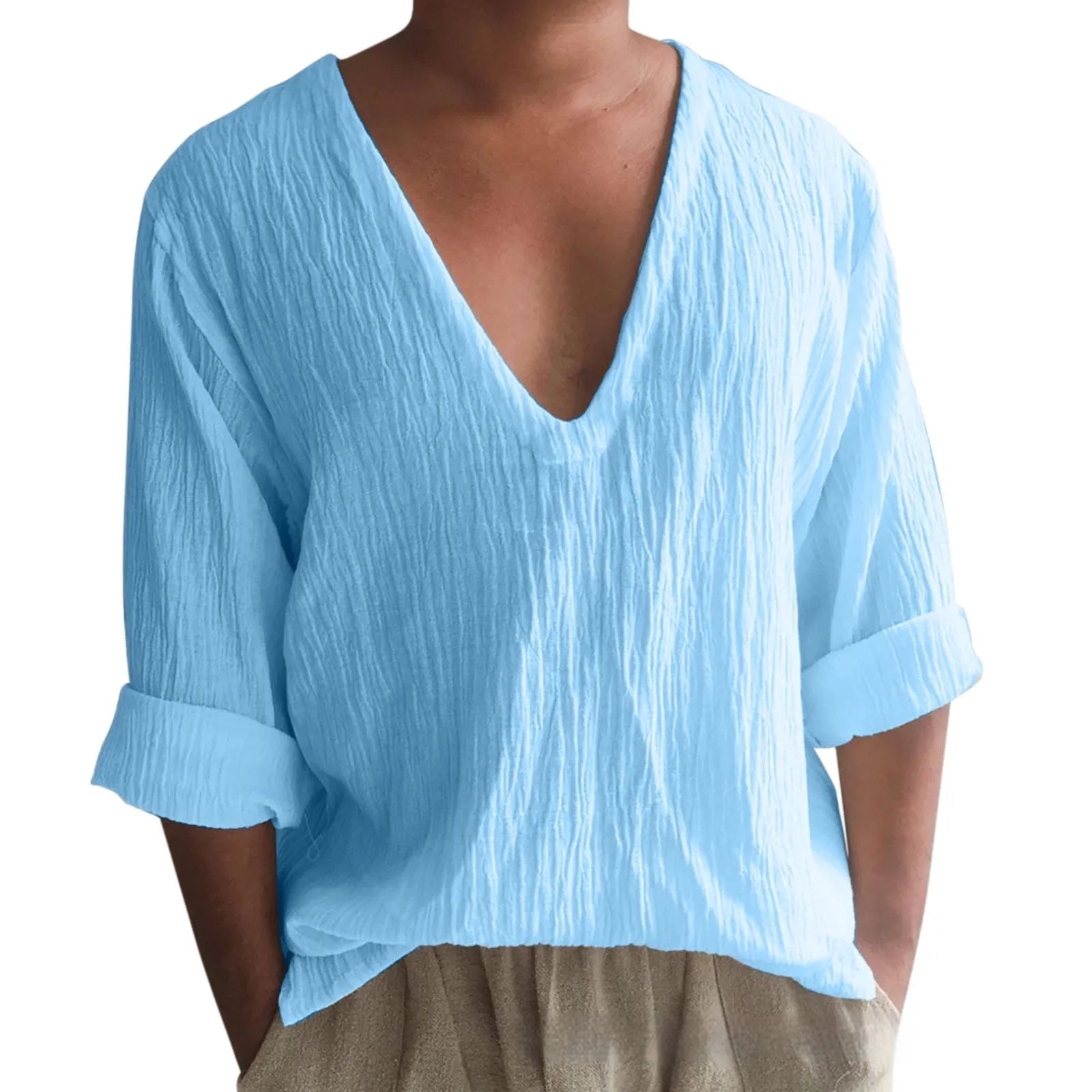 Men's long sleeve V-neck t-shirt in washed cotton solid colour.