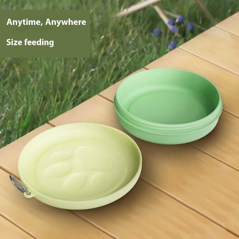 Collapsible silicone portable dog bowl shown folded and expanded in light green colour