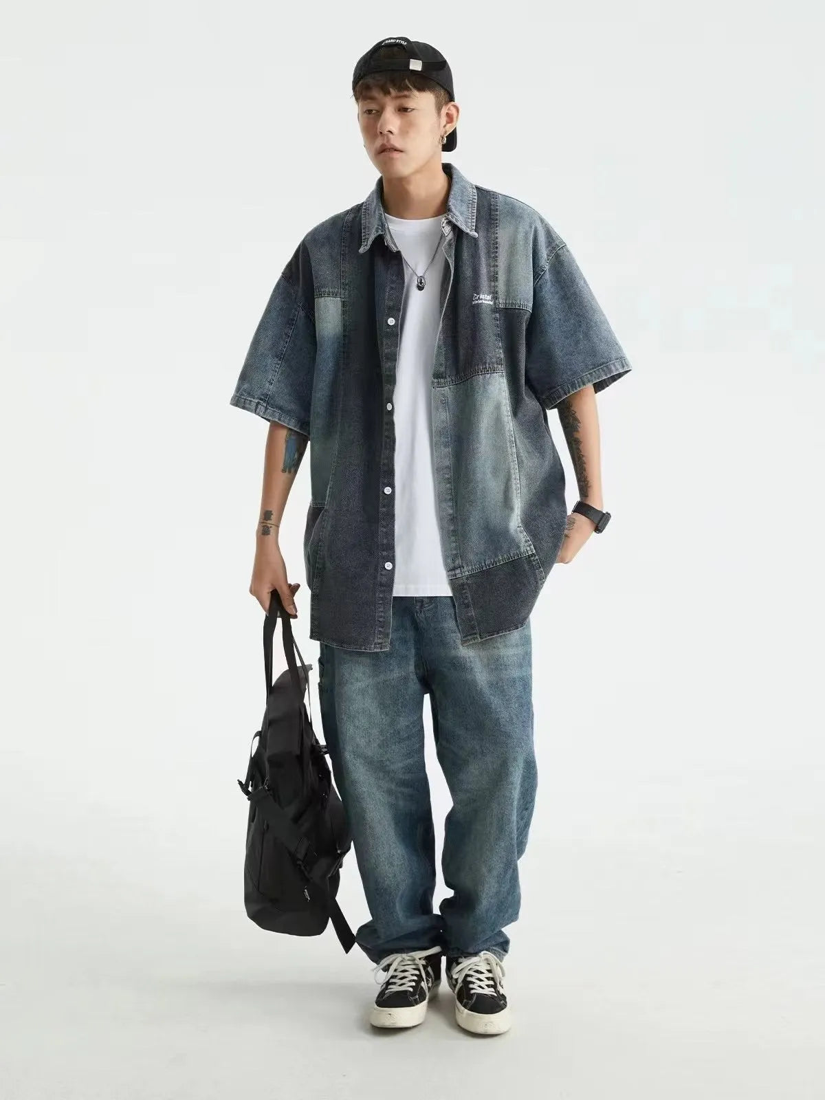 Blue men's denim shirt with Japanese-style retro washed stitching in loose cardigan fit
