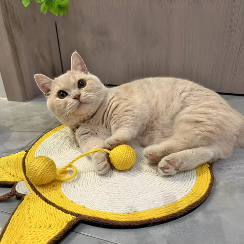 Yellow sisal cat scratching board with Corgi designs, measuring 37x40cm with anti-slip base