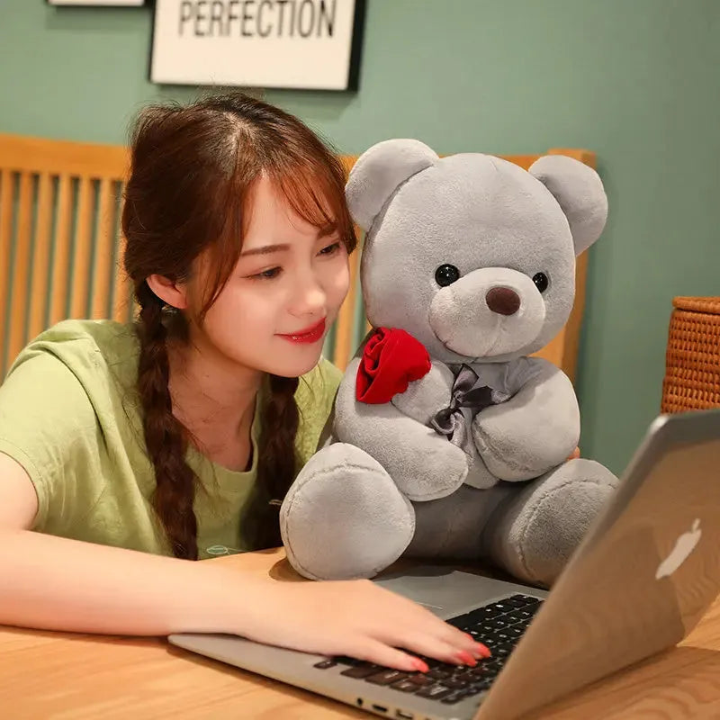 Rose bear plush teddy doll pillow in short plush fabric with PP cotton filling