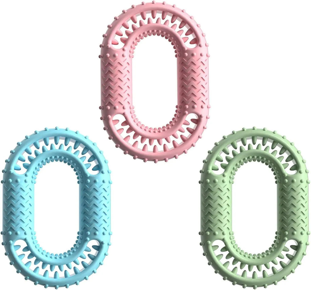 Blue, green, and pink O-ring shaped durable dog chew toy for aggressive chewers.
