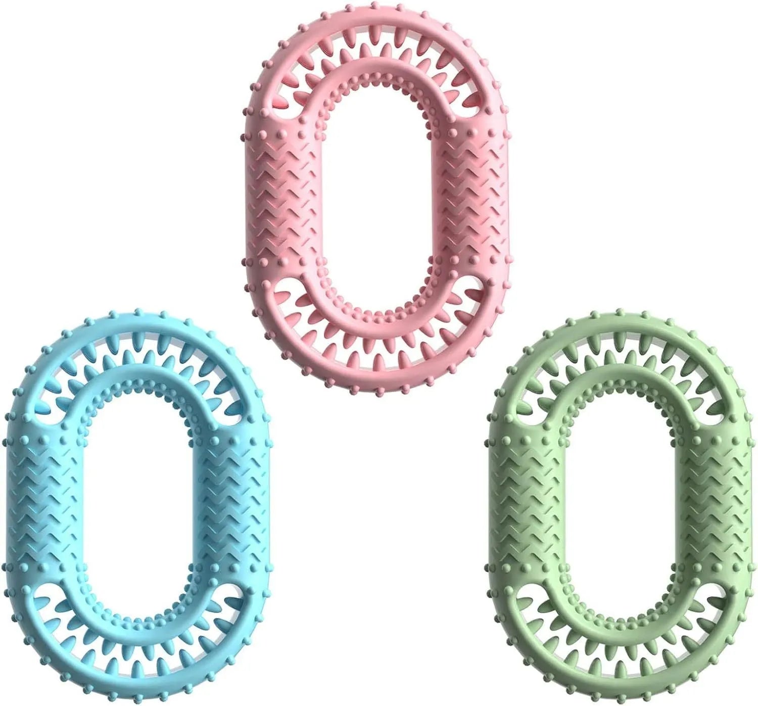 Blue, green, and pink O-ring shaped durable dog chew toy for aggressive chewers.