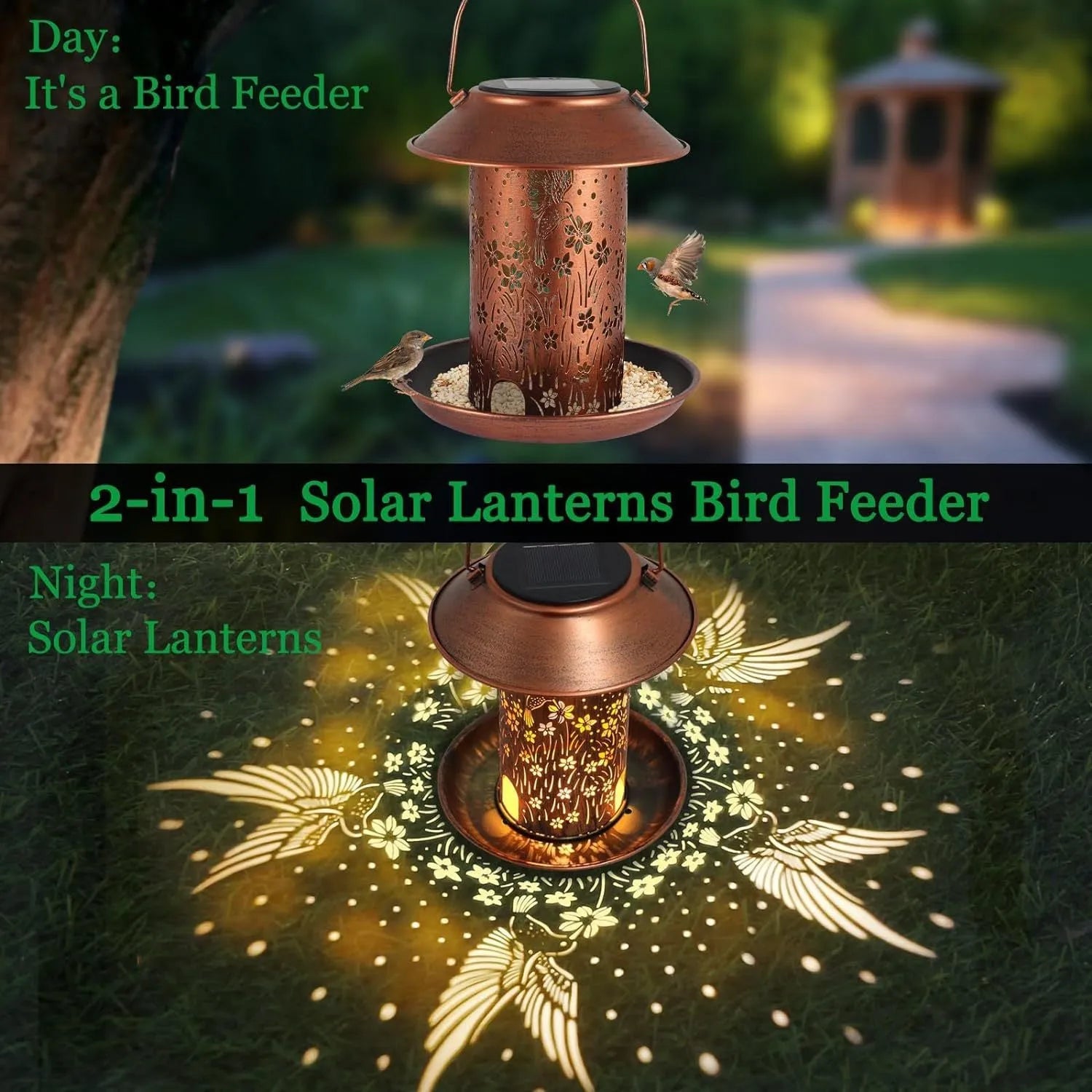 Solar-powered hummingbird pattern iron art bird feeder with integrated LED lights