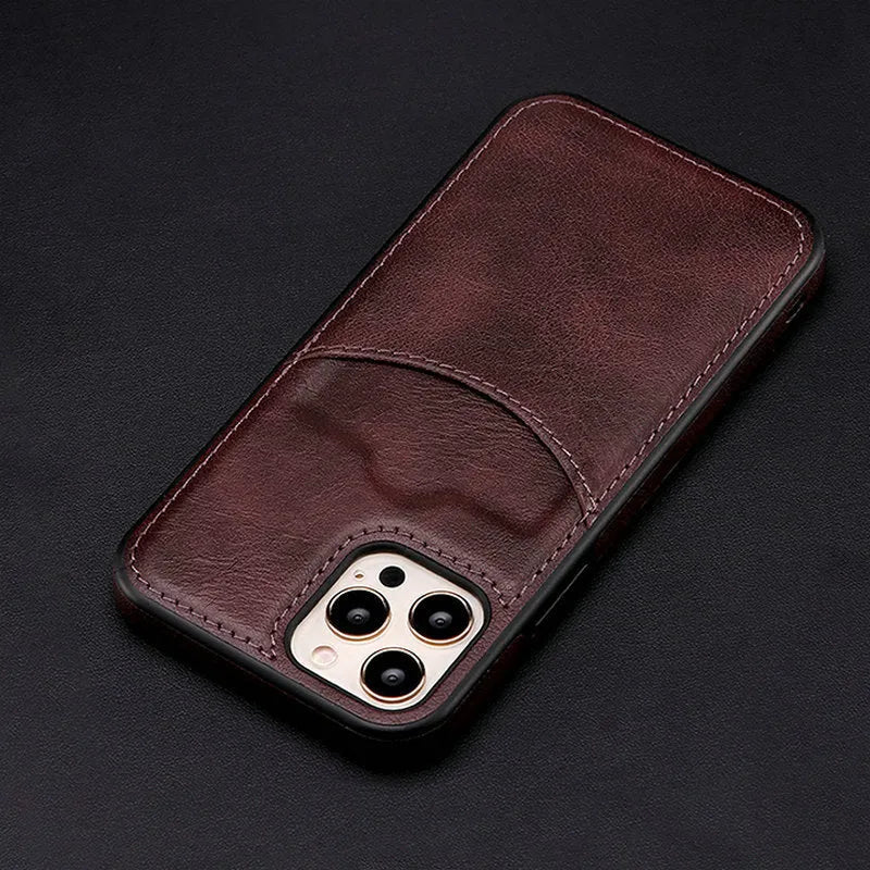 Dark blue PU leather protective case for iPhone, shown from the back with a business-style texture.